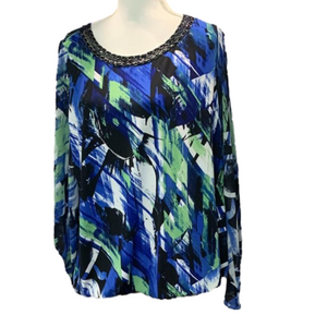 ALFANI blue black green abstract bubble hem kimono sleeve top size 1X